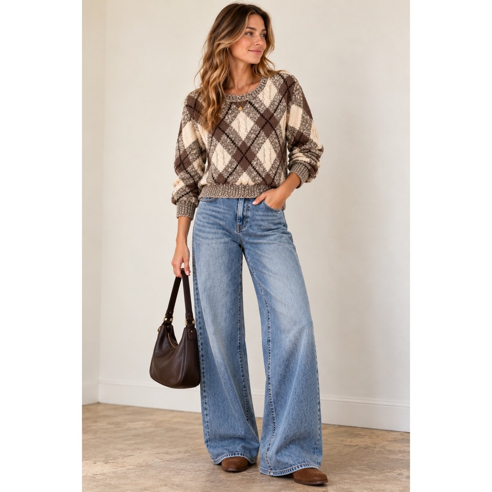 Liz Claiborne LIZGOLF Women's Sweater S Brown Argyle Cable Knit Vintage 90s